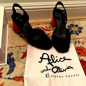 Alice + Olivia black suede with red block heel ankle strap sandals.